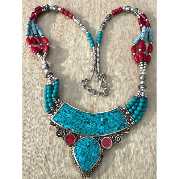 Southwestern Tribal Necklace With Red & Turquoise Howlite Stones Micro Mosaic 19 - Picture 2 of 7